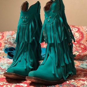 Tanner Mark turquoise fringe suede boots